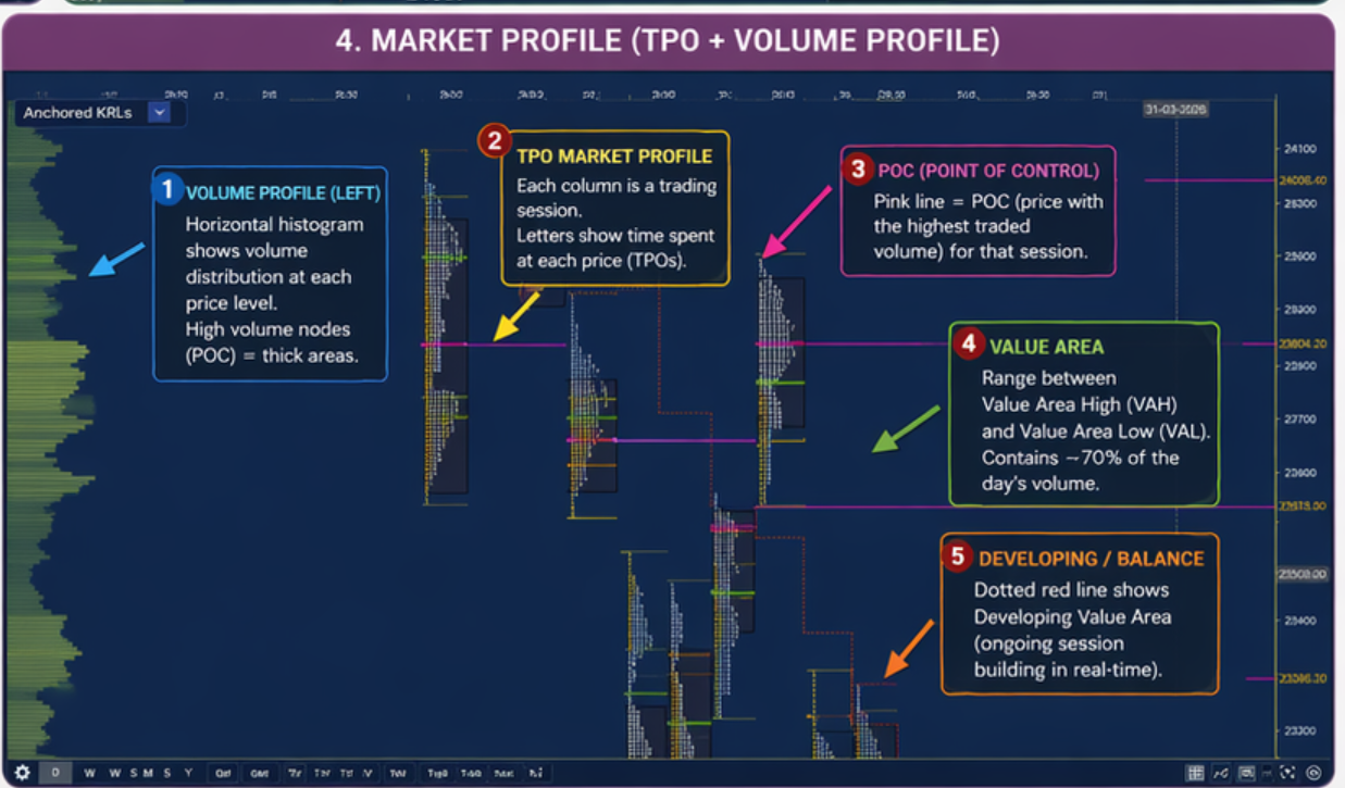 Vtrender Market Profile chart — TPO letters, Volume Profile histogram, Value Area and POC on NIFTY