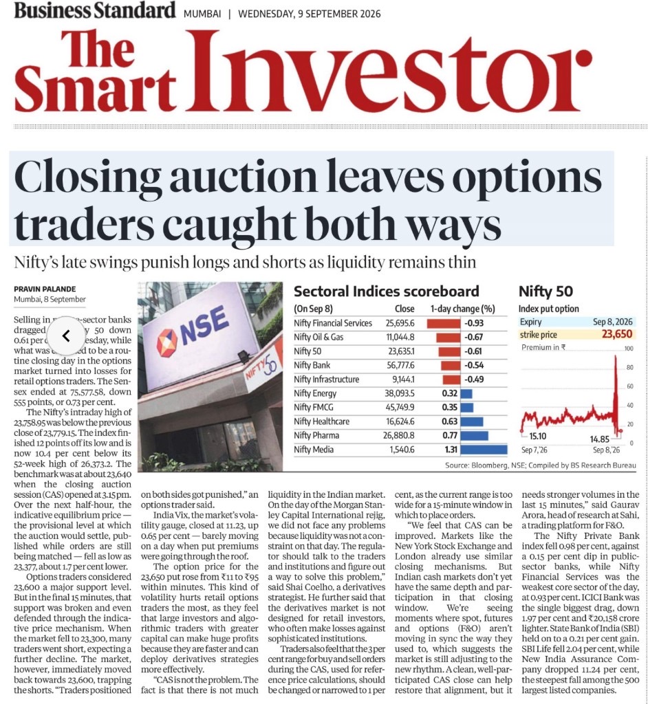 Business Standard clipping: Closing auction leaves options traders caught both ways