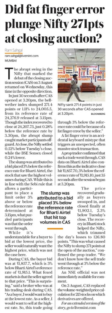 Mint clipping: Did fat finger error plunge Nifty 271pts at closing auction?