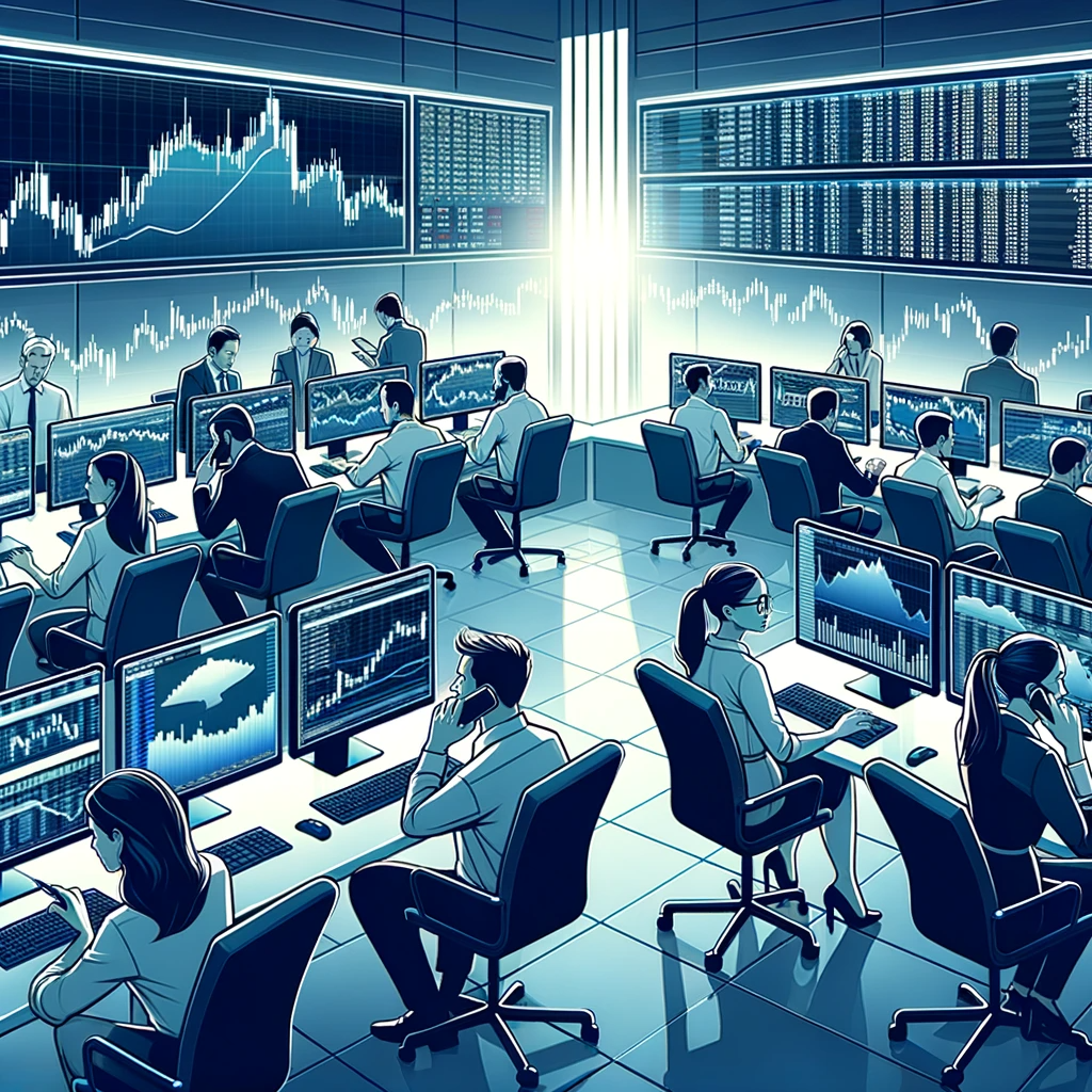 Dall·e 2023 10 31 20.18.32 Illustration Of A Modern Trading Room Where Traders Of Different Genders And Descents Are Intensely Focused On Their Computer Screens Speaking On Pho Banknifty Settlement For 1St Nov