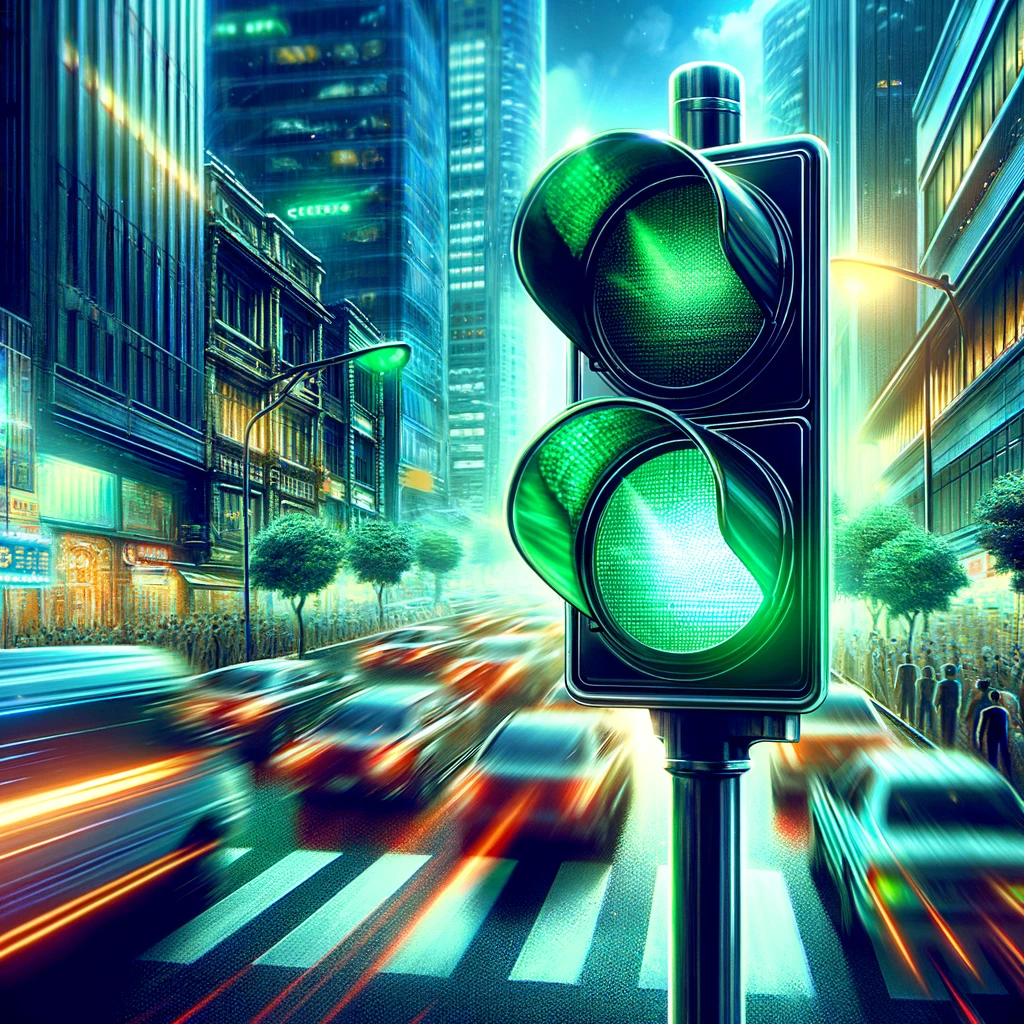 Dall·e 2023 12 10 16.12.58 A Vivid Scene Depicting Traffic Lights Turning Green Symbolizing The Go Signal In Trading. The Traffic Light Should Be Prominently Displayed In An Working With Market Orders In Orderflow: A Trader'S Guide Must Read
