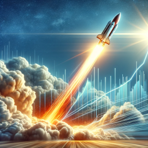 Dall·e 2023 12 10 16.16.15 A Dynamic Image Of A Rocket Launching Representing The Rapid Movement In Markets Driven By Market Orders. The Rocket Should Be Depicted Mid Launch W Working With Market Orders In Orderflow: A Trader'S Guide Orderflow Trading