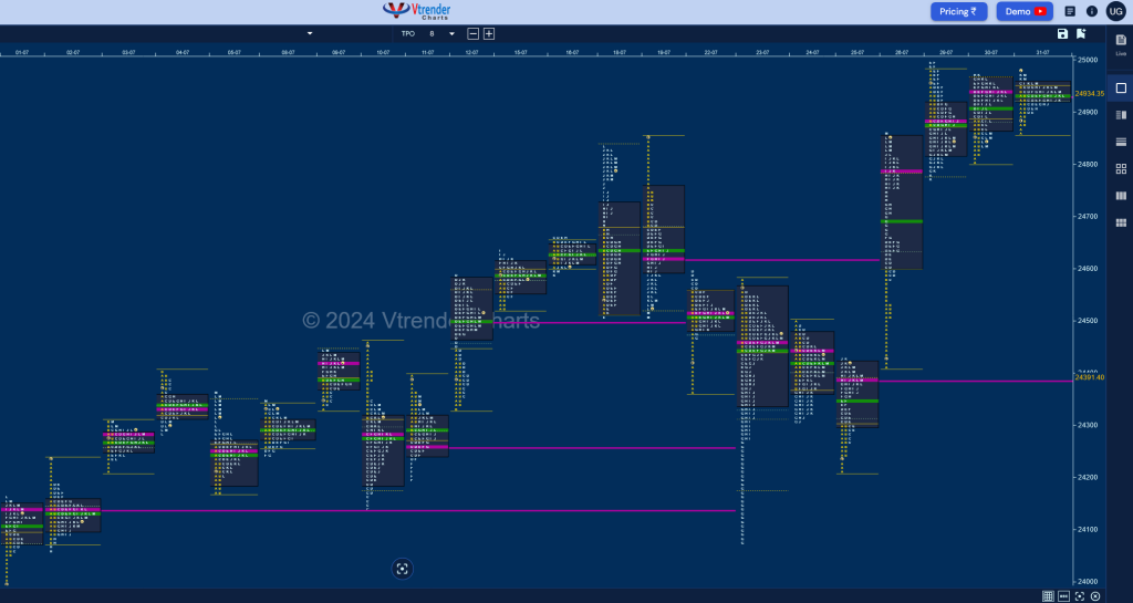 N M D Monthly Charts (July 2024) And Market Profile Analysis Banknifty Futures, Charts, Day Trading, Intraday Trading, Intraday Trading Strategies, Market Profile, Market Profile Trading Strategies, Nifty Futures, Order Flow Analysis, Support And Resistance, Technical Analysis, Trading Strategies, Volume Profile Trading