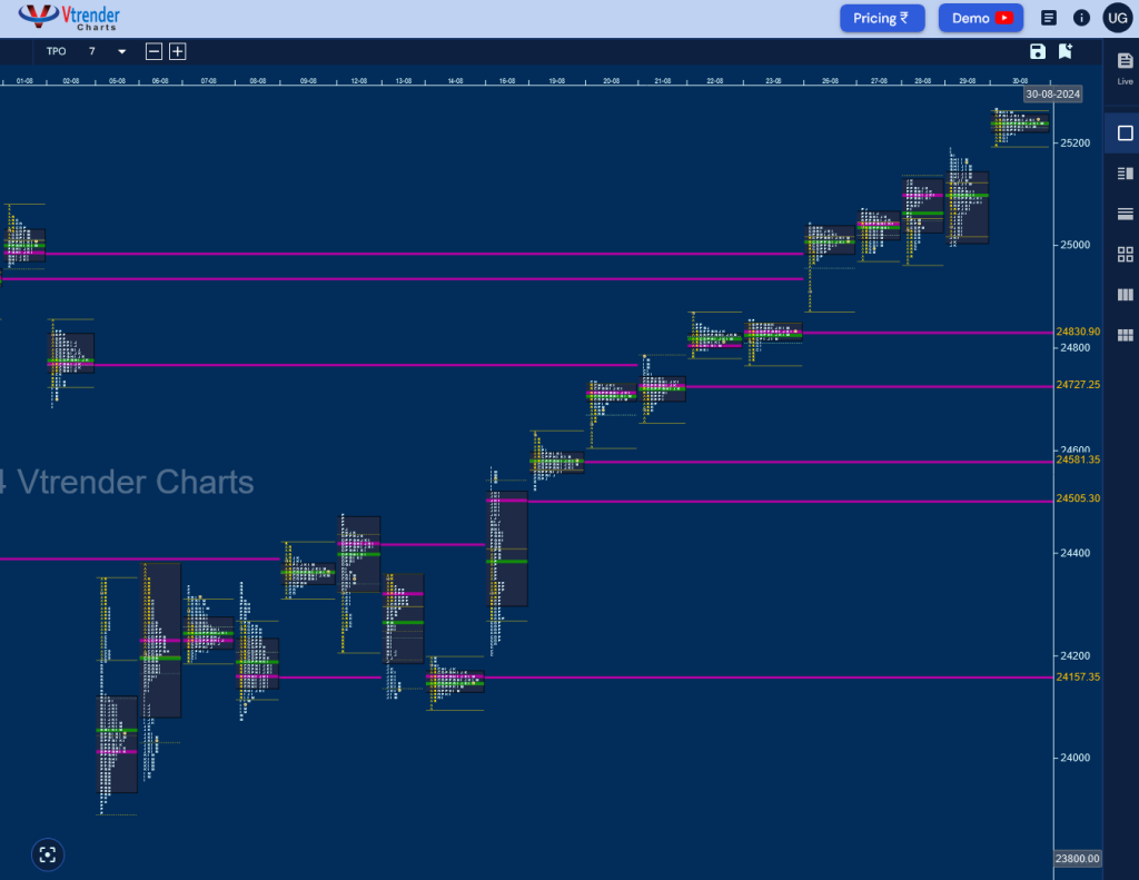 N M D Monthly Charts (August 2024) And Market Profile Analysis Banknifty Futures, Charts, Day Trading, Intraday Trading, Intraday Trading Strategies, Market Profile, Market Profile Trading Strategies, Nifty Futures, Order Flow Analysis, Support And Resistance, Technical Analysis, Trading Strategies, Volume Profile Trading